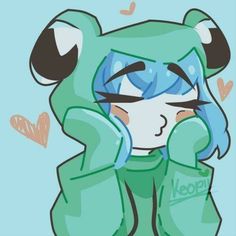 a drawing of a green teddy bear with blue hair and eyes, wearing a hoodie