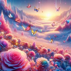 a painting of pink roses and butterflies in the sky with sun shining through clouds behind them