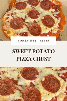 This sweet potato pizza crust is healthy, easy, paleo, gluten free, vegan, sugar free, whole30, and delicious. On a baking sheet lined with light brown parchment paper is a personal sized pizza. The crust is made from sweet potato and is a golden orange, slightly browned and crispy along the edges. On top is thick red marinara, melted mozzarella cheese, and slices of pepperoni slightly crispy. Flakes of pepper, salt, and oregano are on top for flavor. Potatoe Pizza, Pizza Crust Gluten Free, Potato Pizza Crust, Type Of Pizza, Sweet Potato Pizza Crust, Sweet Potato Pizza, Potato Pizza, Gluten Free Pizza Crust, Healthy Food Inspiration