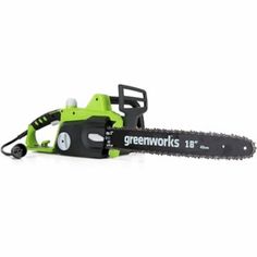 a green works chainsaw on a white background