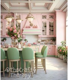 a kitchen with pink cabinets and green chairs