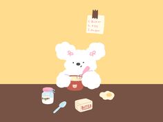 a white teddy bear sitting on top of a table next to food and utensils