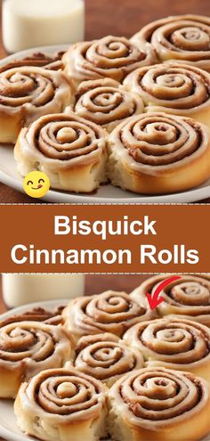 cinnamon rolls on a plate with the words biscuit cinnamon rolls