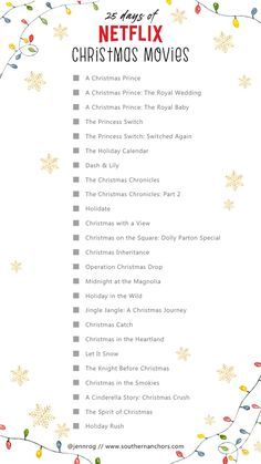 a christmas movie list with lights and snowflakes on the bottom, in front of a white background