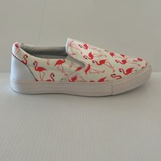 Canvas Upper Rubber Sole Flamingo Cotton Print Upper Slip On Excellent Unworn Condition Flamingo Canvas, Canvas Shoe, Vans Style, Canvas Shoes, Womens Shoes Sneakers, Flamingo, Slip On Sneaker, Womens Sneakers, Pink White