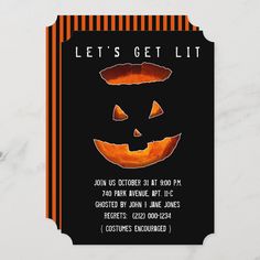 an orange and black halloween party card with a jack - o'lantern on it