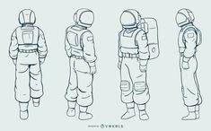 the back and side view of an astronaut's suit, with three different views