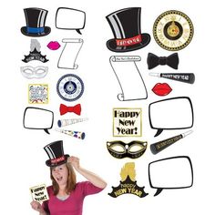 a woman wearing a top hat surrounded by speech bubbles and stickers that spell out happy new year