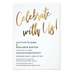 a white and gold party card with the words celebrate with us