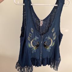 Gorgeous Never Worn Great For Festivals Free People Poshmark, Blue Embellished Sleeveless Top, Blue Bohemian Cotton Tops, Blue Cotton Bohemian Tops, Bohemian Blue Cotton Tops, Blue Bohemian Summer Top, Bohemian Blue Summer Top, Boho Cowgirl Outfit, Peacock Clothes