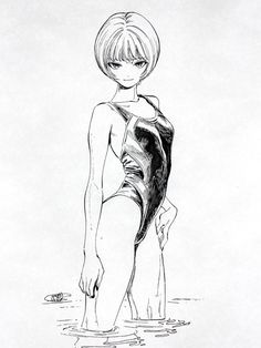 a black and white drawing of a woman in a bathing suit standing on the beach