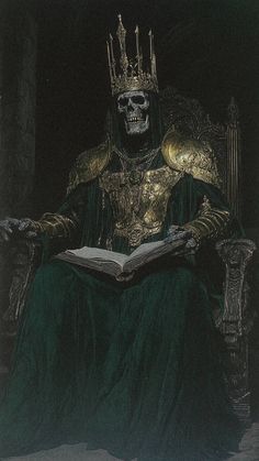 a skeleton sitting on a throne with a book in his hand and wearing a crown