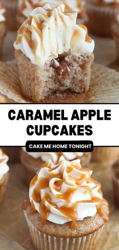 caramel apple cupcakes with white frosting on top