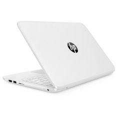 the hp laptop is white and has a black logo on its screen, while it's open