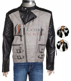 Black Leather Jacket with Contrasting Tweed... Justin Bieber Black, Grey Tweed, Elbow Pads, Stand Up Collar, Quilt Stitching