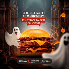 an advertisement for a burger restaurant with ghost on the side