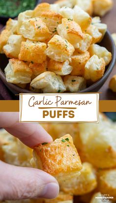 garlic parmesan puffs in a bowl with dipping sauce