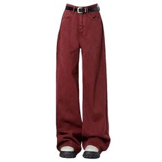 Wine Red Wide-Leg Jeans - S Indie Png Clothes, Red Jeans Aesthetic, Red Pants Aesthetic, Outfits With Red Top, Wine Red Clothes, Red Jeans Outfit Aesthetic, Png Outfits Aesthetic, Red Clothing Aesthetic, Red Clothes Aesthetic