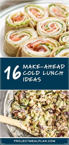 four different images with the words make ahead, cold lunch ideas and pictures of food