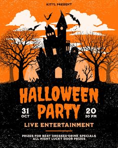 halloween party flyer with castle and bats