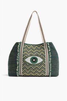 Keeping up with the trendiest color of the season, say hello to your favourite Evil Eye Embellished Tote, now here in an Evergreen Forest color. A show-stopping glory for when all eyes must be on you. This tote bag is perfect for everyday use and for special occasions too! It features a hand beaded evil eye in front for protection, and is hand-embellished with beads and sequins for a touch of glamour. The double shoulder straps are adorned with lace detail, and the bag has a magnetic button closure. The three layer poms poms add a touch of fun and whimsy. The lined interior has an internal zip pocket and mobile pocket. It is made in a beautiful handwoven Jacquard fabric with Lurex detailing for that perfect shine.We love the color, texture and the intricate handwork on this beautiful tote. Beaded Evil Eye, Toddler Girl Toys, Leopard Bag, Forest Color, Evergreen Forest, Pocket Organizer, Front Hand, Coin Bag, Eye Bags