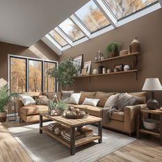 a living room filled with lots of furniture under a large skylight over a wooden floor