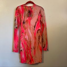 Fashion Nova Dress Long Sleeves, Orange, Brown, Pink, Size L, Mesh , New With Tag Nwt O Spring V-neck Mini Dress With Abstract Print, Sheer Long Sleeve Mini Dress For Summer, Long Sleeve Dresses With Abstract Print For Party, Red Long Sleeve Dress For Beach Cover-up, Stretch Long Sleeve Dress For Beach Cover-up, Long Sleeve Bodycon Vacation Dress, Long Sleeve Bodycon Dress For Vacation, Fitted Long Sleeve Midi Dress For The Beach, Pink Stretch Sheer Dress