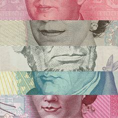 an image of money with different colors and patterns on the front, including one woman's face