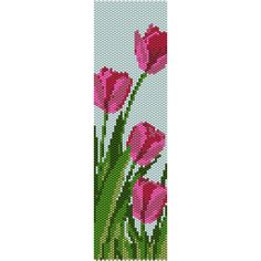 a cross stitch bookmark with pink tulips in the grass on a white background