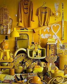 a room filled with lots of yellow items