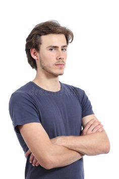 a young man standing with his arms crossed and looking at the camera, on a white background