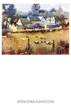 watercolor painting of houses and trees in the distance