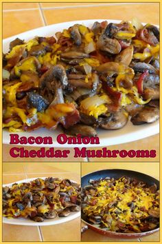 bacon onion cheddar mushrooms in a skillet on the stove top and bottom