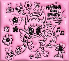 an image of a pink background with stickers and symbols on it, including angel