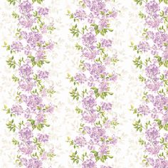 purple flowers on white background with green leaves and stems in the center, seamlessly