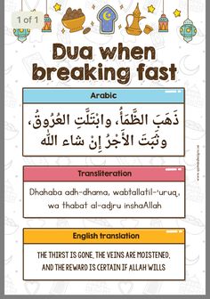 an arabic poster with the words,'dua when breaking fast'in different languages