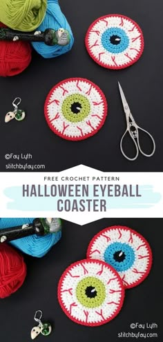 crocheted eyeball coasters with scissors and yarn