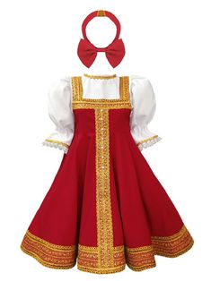 PRICES MAY VARY. 2pcs kids girls Russian traditional costume round neck puff sleeve gold embroidery knee length dress with beautiful headpiece Made of high quality polyester fabric, comfortable, breathable and skin-friendly, no any irritation for girlâ€s skin, soft to touch and wear Size Table means age ranges for girls, but they are for general guidance only. Easy to wash and care for, low iron and do not bleach The Russian fancy dress has round neck, puff sleeve with elastic band, gold embroid Christmas Dance Costumes, Russian Traditional Clothing, Russian Dance, Russian Dress, Russian Clothing, Kids Costumes Girls, Dance Tutus, Fancy Dress Up, Nutcracker Ballet