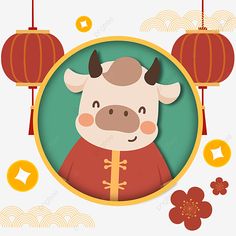 a cartoon cow wearing a red and gold outfit with lanterns in the background, chinese new year, happy new year, pig png and psd