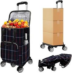 three different types of luggage with wheels and boxes on the sides, one is carrying fruit