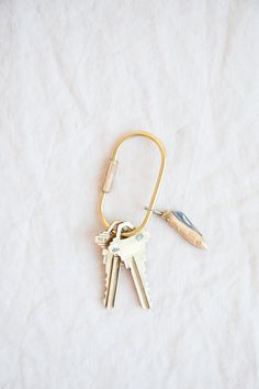 two keys are attached to a gold keychain on a white sheet with some scissors