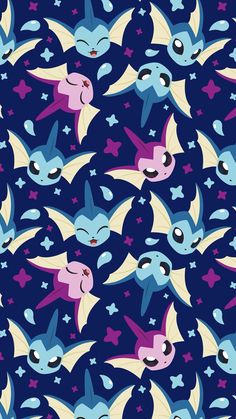 an image of many different types of pokemons on a blue background with pink and purple stars