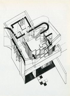 a black and white drawing of a house with spiral staircases on the upper floor