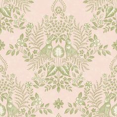 a pink and green floral wallpaper with birds