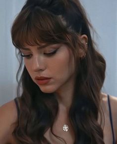 Fringe Prom Hair, Haïr Style With Bangs For Prom, Fancy Hairstyles For Bangs, Fancy Bangs Hairstyles, Hair Styles For Prom With Bangs, Elegant Hairstyles Bangs, Romantic Bangs Hair, Hair For Prom With Bangs, Layered Long Hair With Fringe