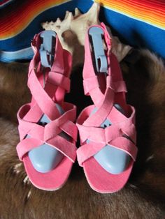 Pink Suede Heels With Round Toe, Pink Leather Wedge Sandals, Pink Leather Wedge Heel Sandals, Pink Suede Sandals For Spring, Casual Pink Sandals With Stacked Heel, Pink High Heel Suede Sandals, Pink Suede High Heel Sandals, Pink Leather Platform Wedge Sandals, Pink Leather Open Toe Wedge Sandals