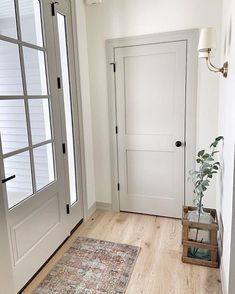 a white door with two windows and a rug on the floor in front of it