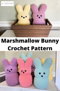 crocheted marshmallow bunny stuffed animals in a basket with text overlay that says marshmallow bunny crochet pattern