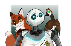 an image of a robot with two birds on his shoulder and another bird standing next to it