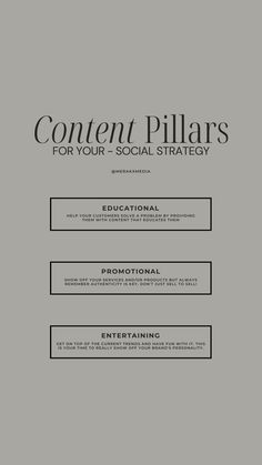 Grey background with black text. Title says 3 must-have content pillars to use in your social strategy and then explains them each. Social Media Post Engagement Ideas, Social Media Freebie Ideas, Social Media Post Ideas For Retail, Social Media Post Ideas For Engagement, Social Media Content Pillar Ideas, Engaging Content Ideas For Instagram, Content Pillars Ideas, Social Media Pillars, Marketing Strategy Social Media Template